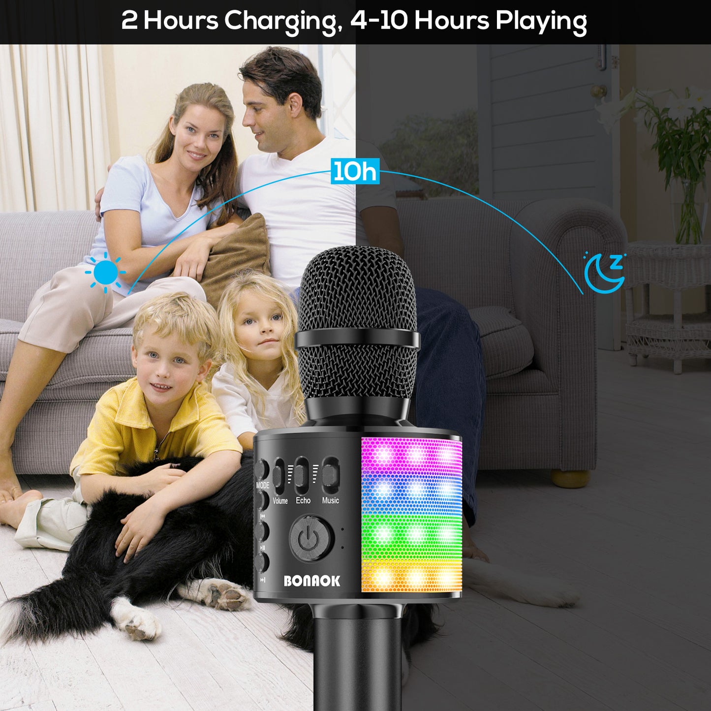 BONAOK Wireless Bluetooth Karaoke Microphone for Kids, Portable Handheld Singing Mic Speaker MP3 Player with Controllable LED Lights, Party for Adults Girls Boys Teens Q37L (Black)