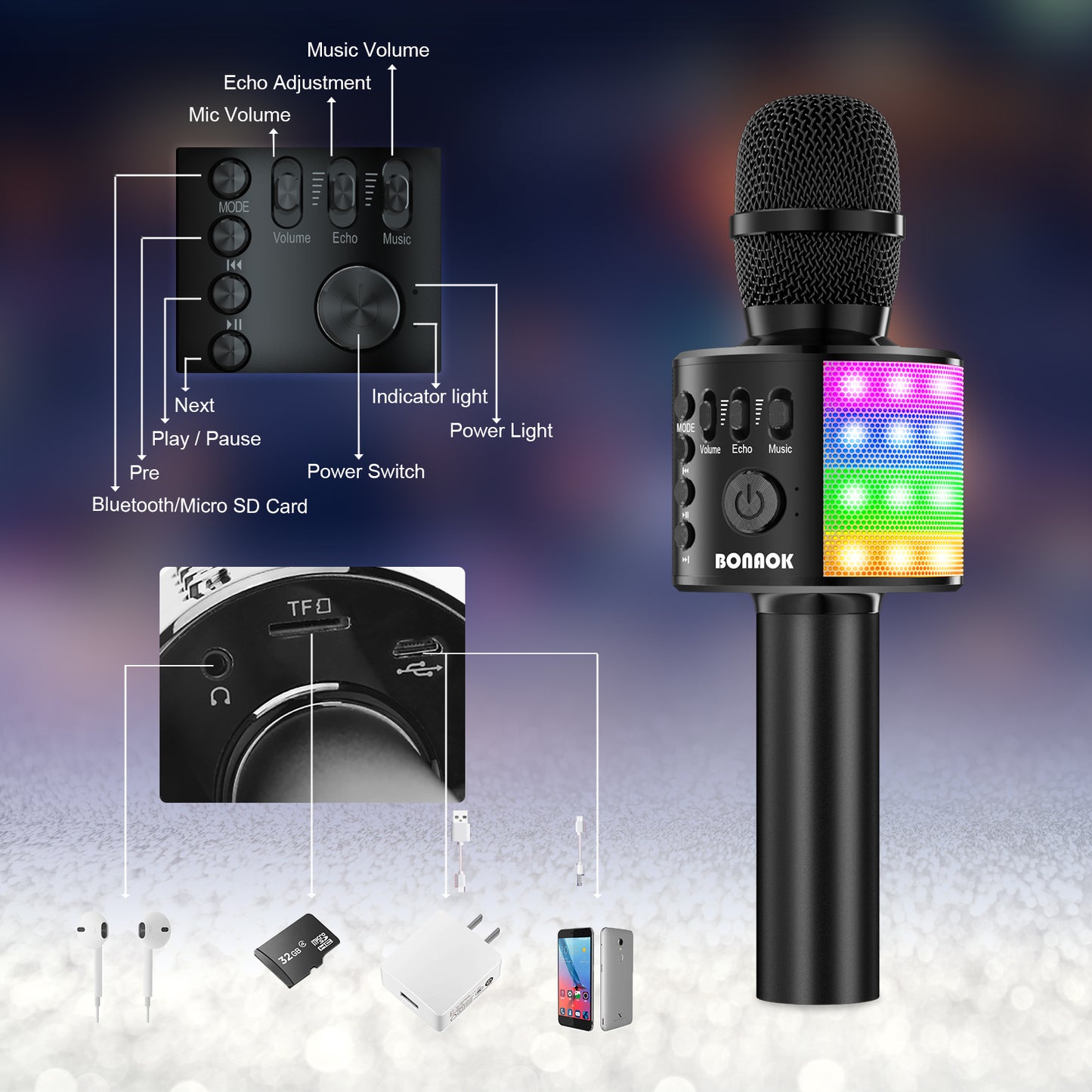 BONAOK Wireless Bluetooth Karaoke Microphone for Kids, Portable Handheld Singing Mic Speaker MP3 Player with Controllable LED Lights, Party for Adults Girls Boys Teens Q37L (Black)