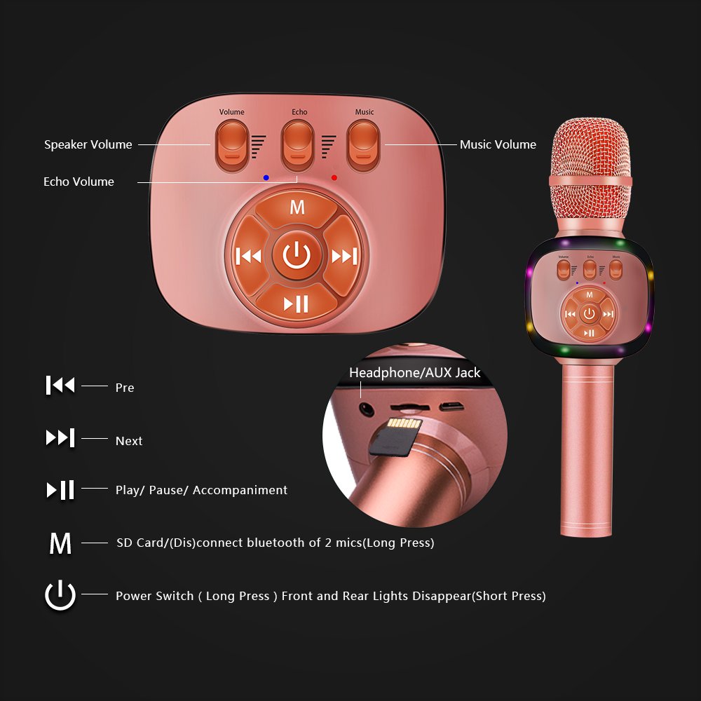 BONAOK Wireless Bluetooth Karaoke Microphone with Dual Sing, LED Lights, Portable Handheld Mic Speaker for Kids Birthday Home Party(Rose Gold)