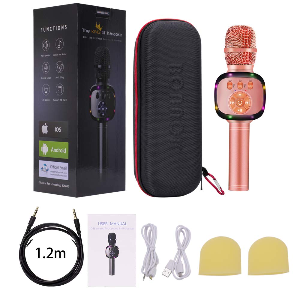 BONAOK Wireless Bluetooth Karaoke Microphone with Dual Sing, LED Lights, Portable Handheld Mic Speaker for Kids Birthday Home Party(Rose Gold)