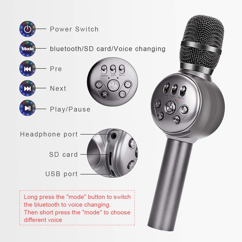 BONAOK Wireless Bluetooth Karaoke Microphone with Dynamic LED Light, Portable Handheld Magic Sound Karaoke Mic Home Party Birthday for iPhone/Android/iPad/PC/Sony (Gray)