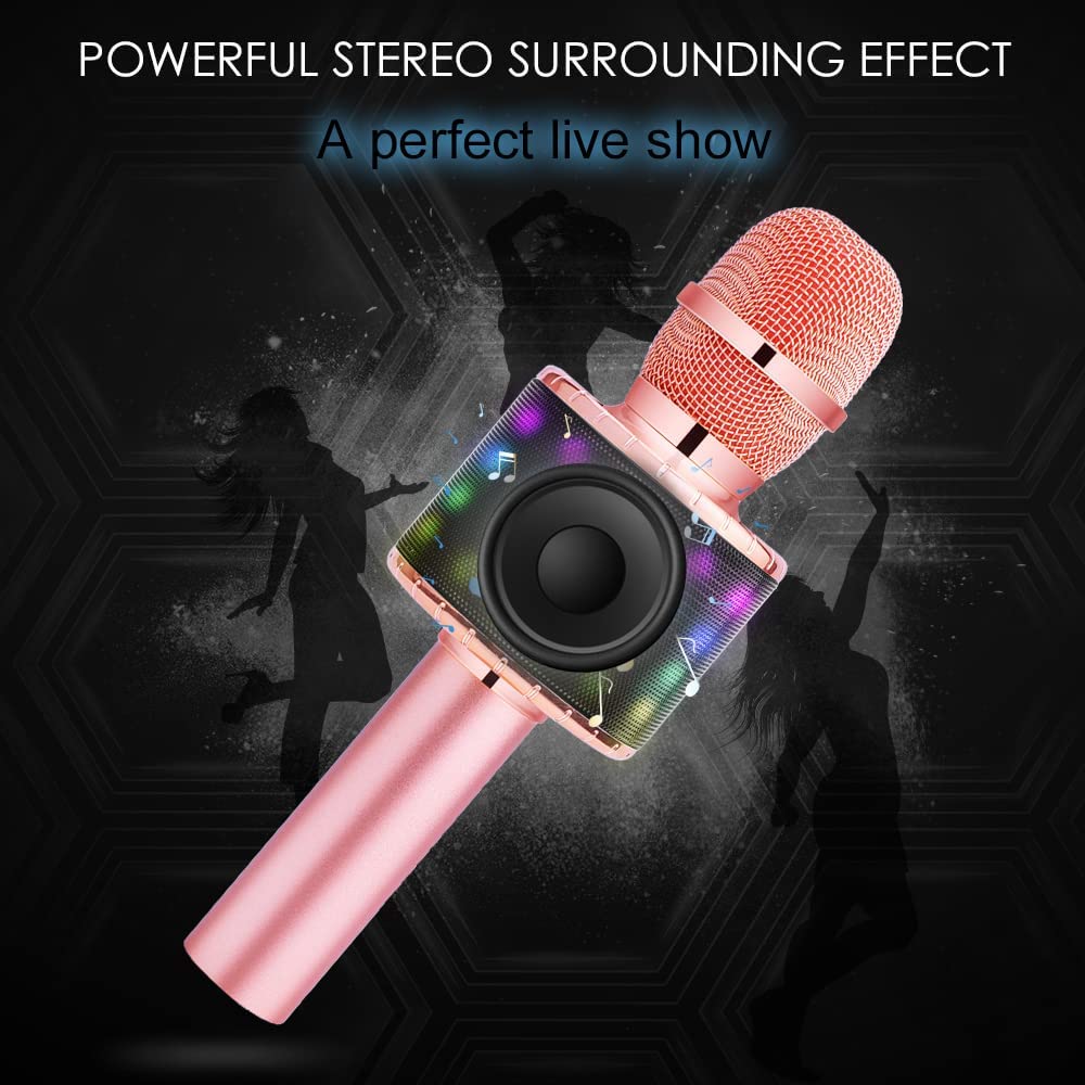 BONAOK Wireless Bluetooth Karaoke Microphone with Controllable LED Lights, Portable Handheld Karaoke Speaker Machine Christmas Birthday Home Party for All Smartphone(Q78Rose Gold)