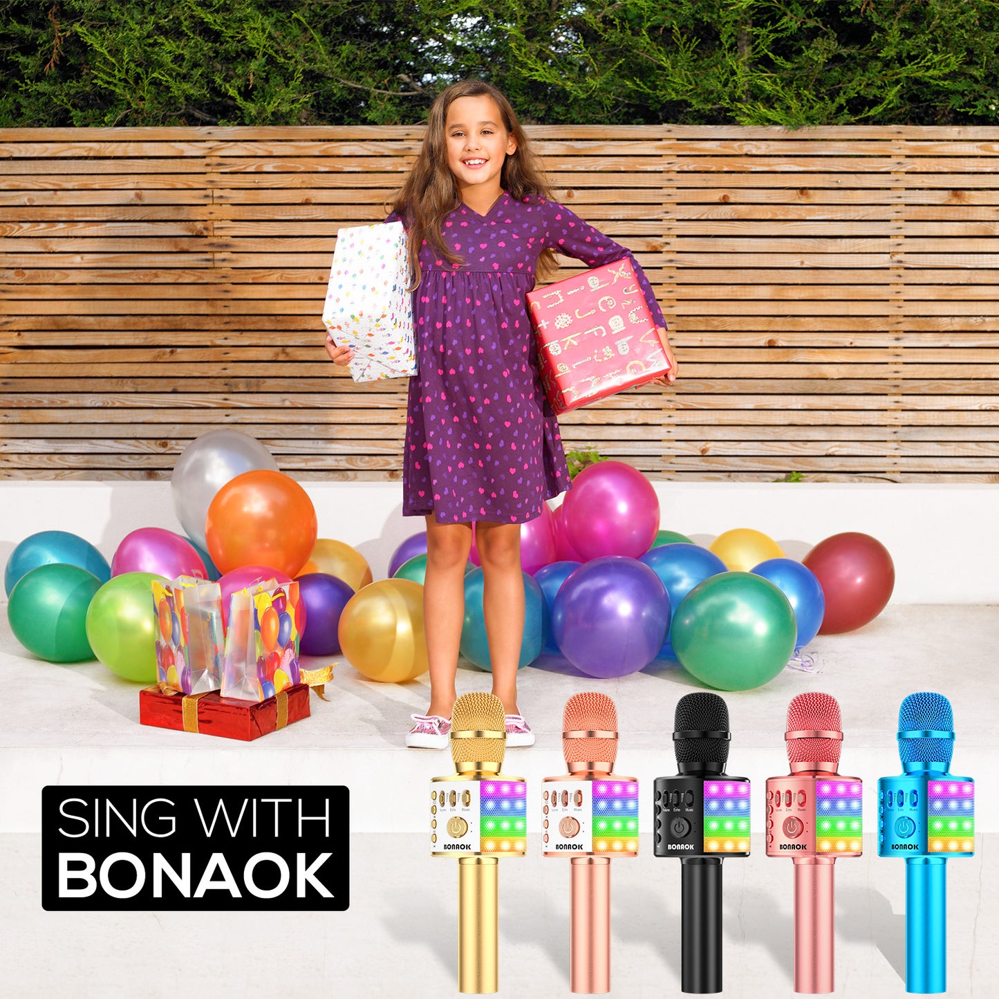 BONAOK Wireless Bluetooth Karaoke Microphone for Kids, Portable Handheld Singing Mic Speaker MP3 Player with Controllable LED Lights, Party for Adults Girls Boys Teens Q37L (Black)