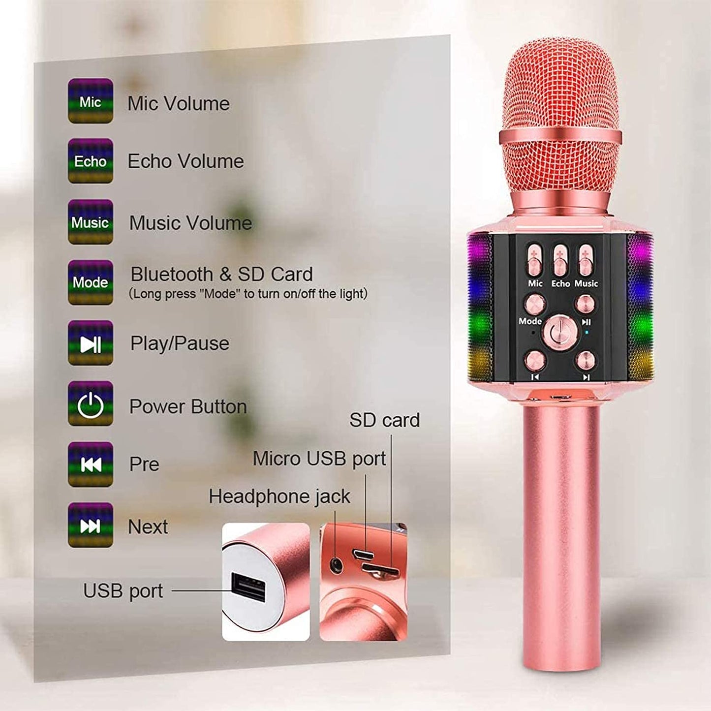 BONAOK Wireless Bluetooth Karaoke Microphone with controllable LED Lights, 4 in 1 Portable Karaoke Machine Speaker for Android/iPhone/PC (Rose Gold)