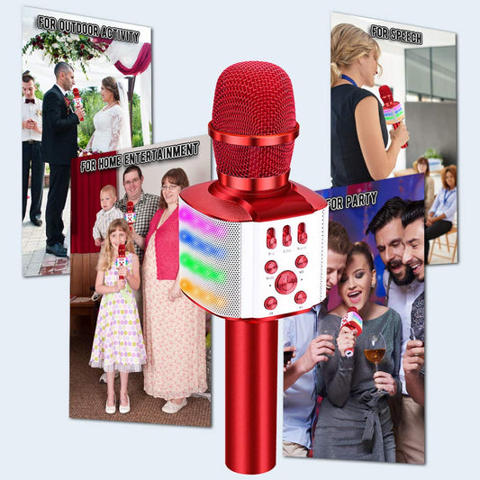 BONAOK Wireless Bluetooth Karaoke Microphone with controllable LED Lights, 4 in 1 Portable Karaoke Machine Speaker for Android/iPhone/PC (Red)