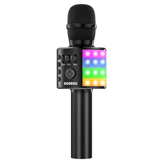 BONAOK Wireless Bluetooth Karaoke Microphone for Kids, Portable Handheld Singing Mic Speaker MP3 Player with Controllable LED Lights, Party for Adults Girls Boys Teens Q37L (Black)